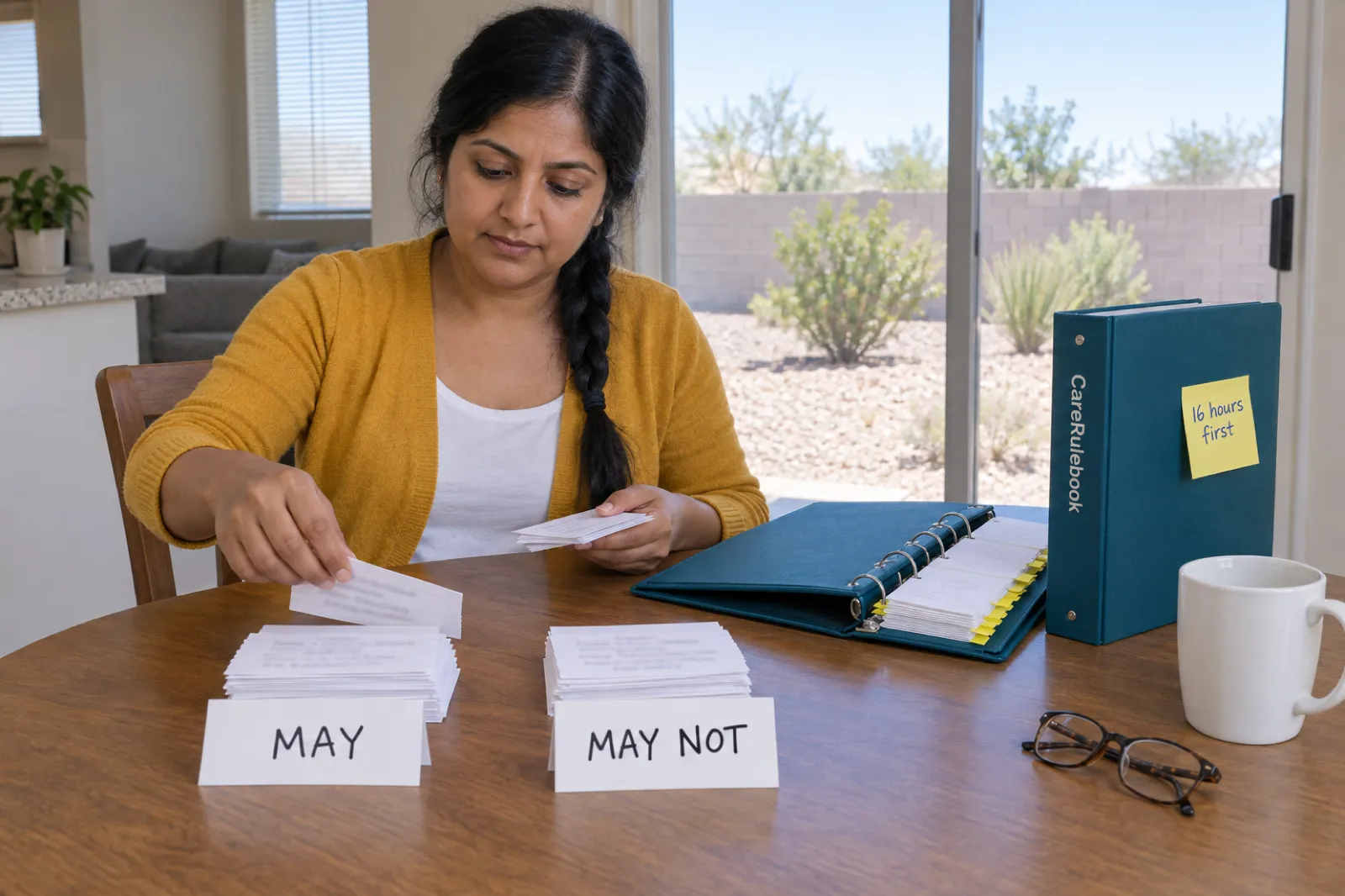 A woman in a mustard cardigan sorts white index cards into two piles behind folded cards reading MAY and MAY NOT at a kitchen table, beside an open teal binder and an upright CareRulebook binder with a sticky note reading 16 hours first, with a gravel yard and a block wall outside the glass door