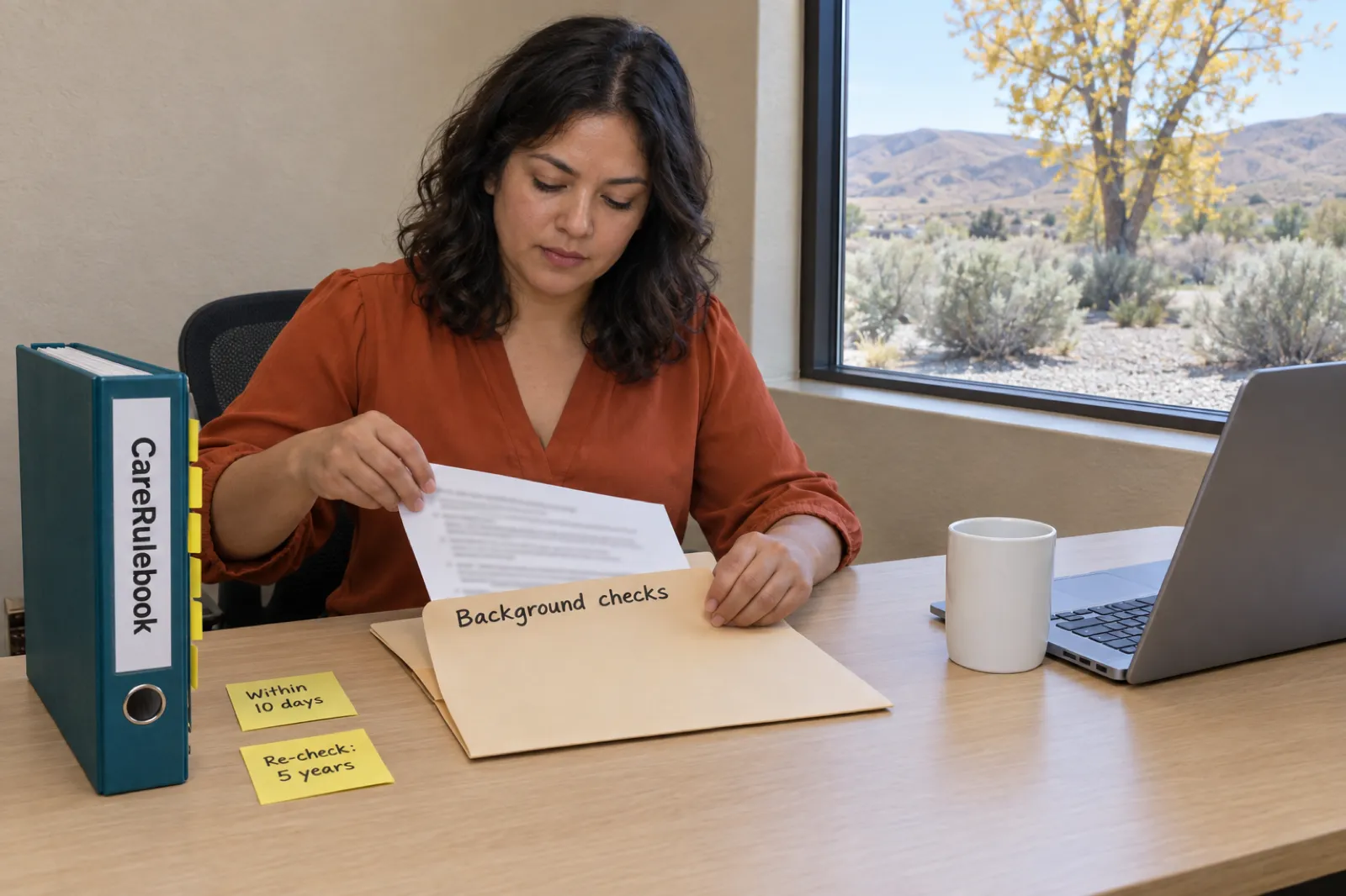 A woman in a rust-orange blouse slides a printed page into a manila folder labelled Background checks at a desk, beside a CareRulebook binder and two sticky notes reading Within 10 days and Re-check: 5 years, with sagebrush and brown hills outside the window