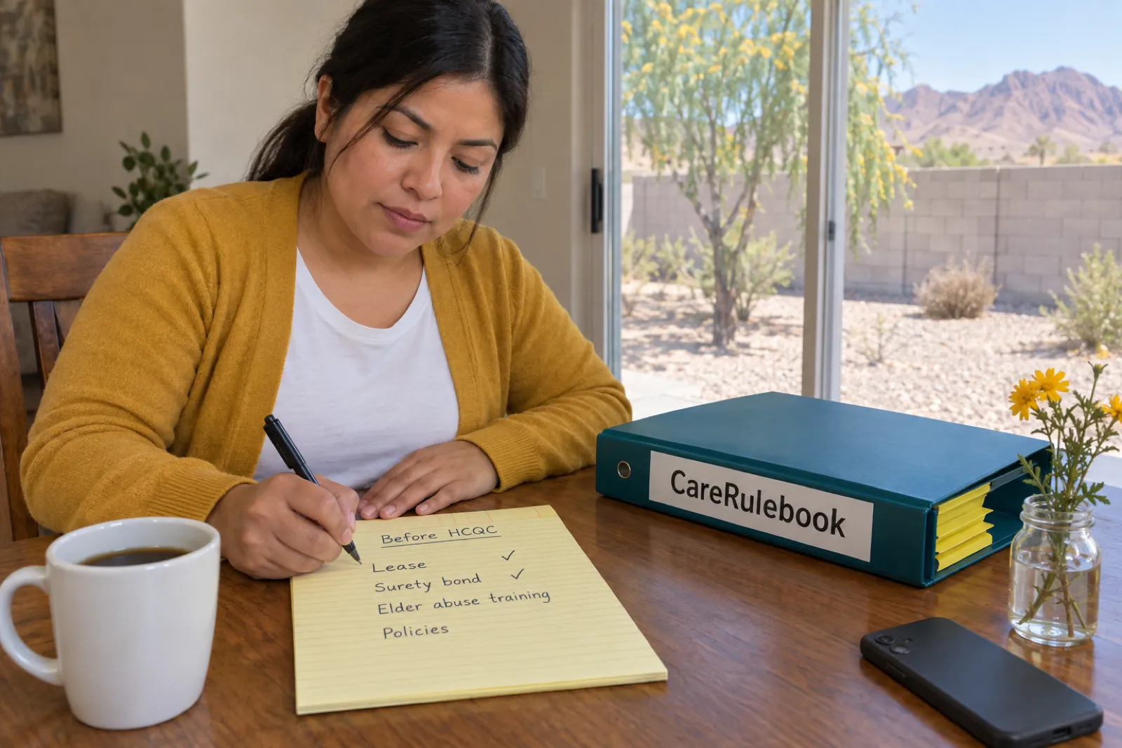 A woman in a mustard cardigan writes on a yellow legal pad headed Before HCQC, listing Lease, Surety bond, Elder abuse training and Policies, with the first two ticked, beside a teal CareRulebook binder, a mug of coffee and a jar of yellow flowers at a kitchen table looking out on a gravel yard, a desert willow and bare mountains