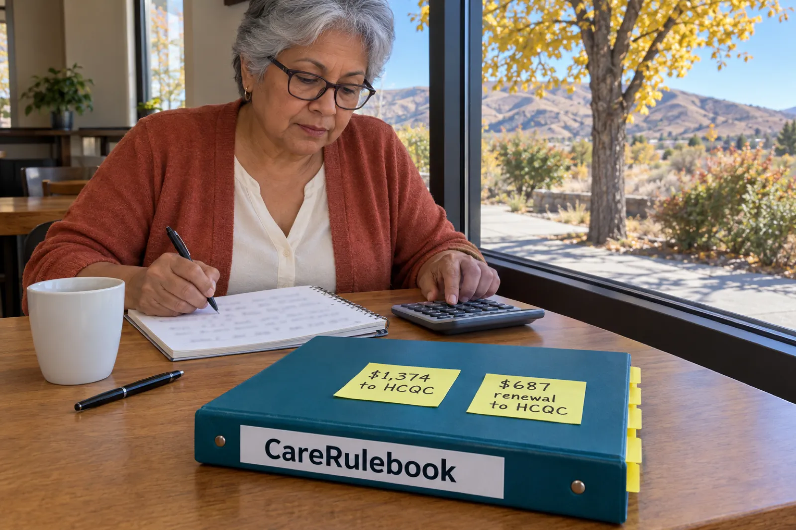 A woman with short silver hair and dark-rimmed glasses, in a terracotta cardigan, writes in a spiral notebook and taps a calculator at a window table beside a CareRulebook binder with sticky notes reading “$1,374 to HCQC” and “$687 renewal to HCQC”, with yellow-leafed trees and brown hills outside.