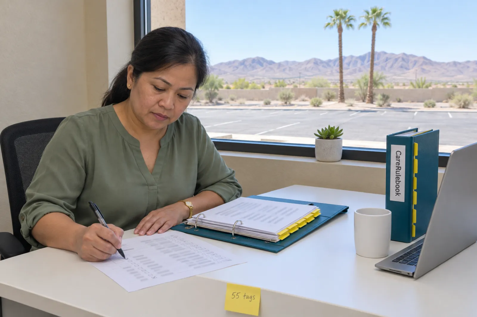 A woman in a sage green blouse ticks a printed checklist beside an open teal binder with yellow tabs, with a teal CareRulebook binder standing upright and a sticky note reading 55 tags on the desk, and palm trees, a parking lot and brown mountains outside the window