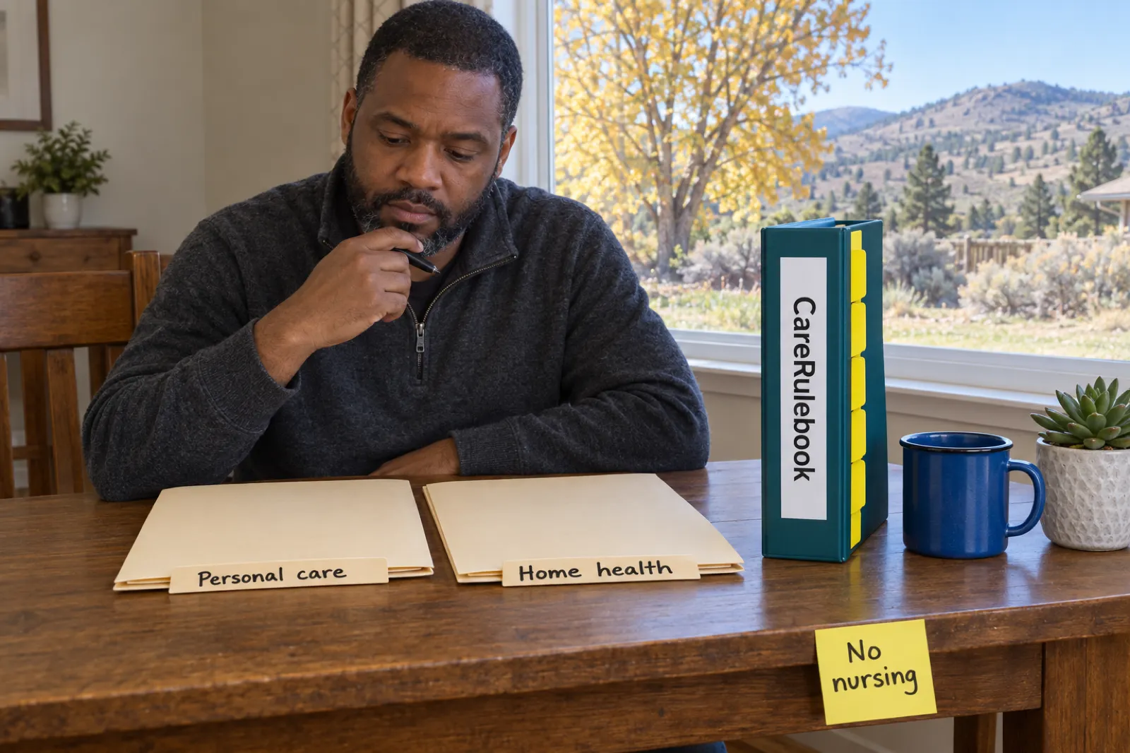 A bearded man in a charcoal sweater at a kitchen table, pen in hand, looks down at two manila folders labelled Personal care and Home health, beside an upright teal binder labelled CareRulebook, a blue mug and a sticky note reading No nursing, with a yellow-leafed tree and hills outside the window