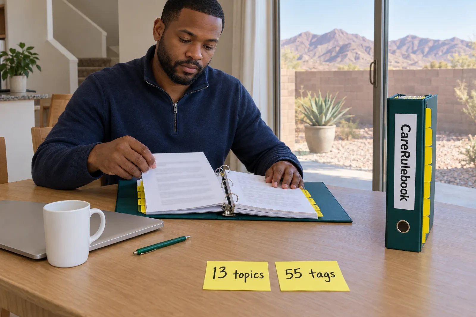 A man with a short beard, in a navy quarter-zip sweater, places a printed page behind a yellow tab in an open teal binder at a kitchen table, beside an upright CareRulebook binder with yellow tabs, a closed laptop, a white mug, a green pen and two sticky notes reading 13 topics and 55 tags, with a patio, an agave plant, a block wall and desert mountains outside the glass door