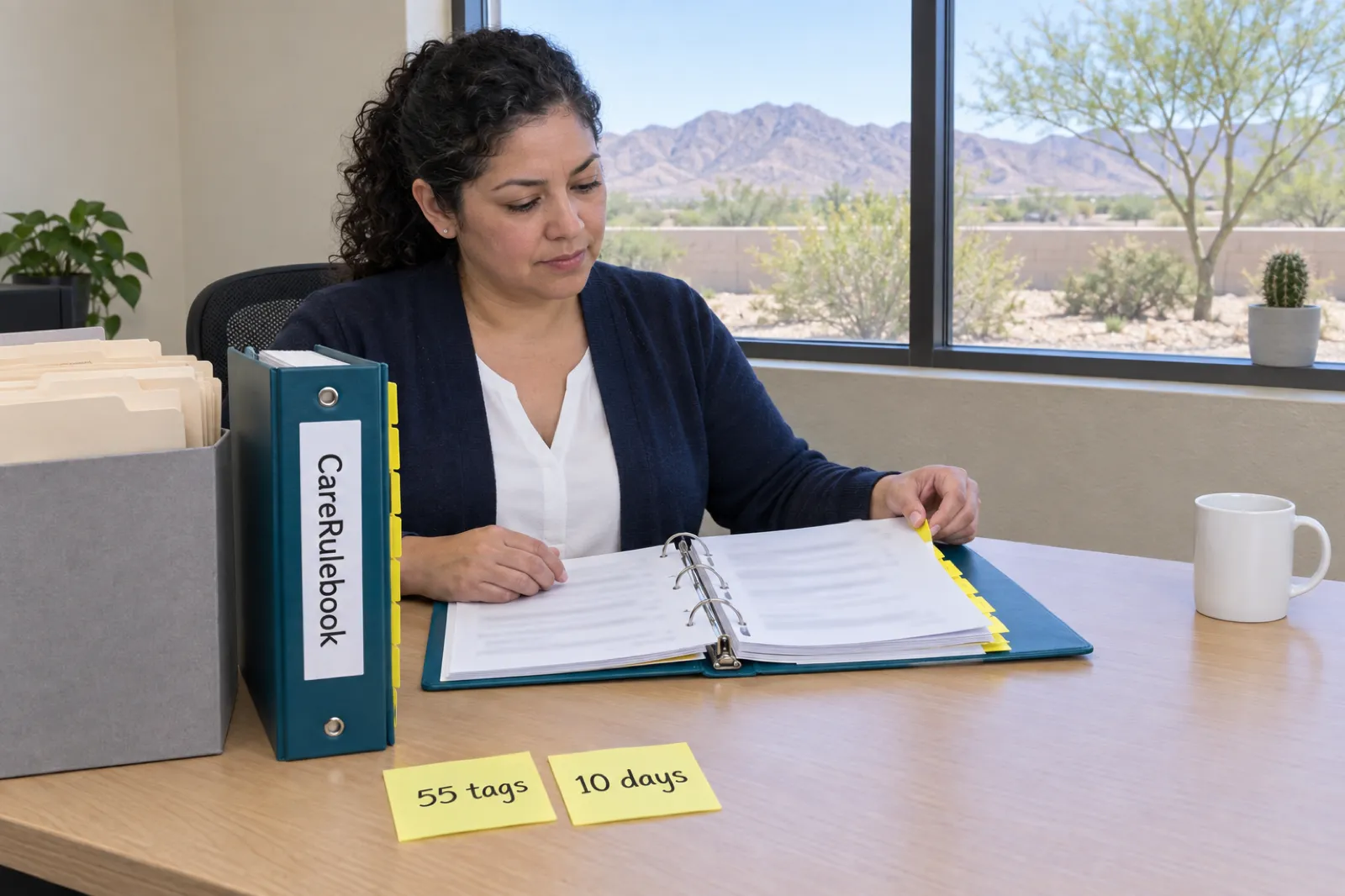 A woman with dark curly hair in a navy cardigan sits at an office desk turning the yellow tabs of an open teal binder, beside an upright teal binder labelled CareRulebook, a gray file box, a mug and two sticky notes reading 55 tags and 10 days, with desert mountains outside the window