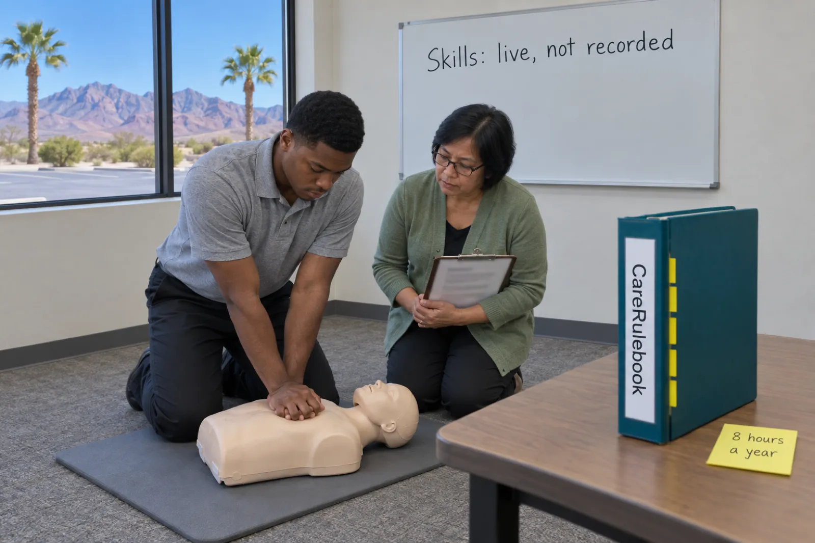 A young man in a gray polo shirt practices chest compressions on a CPR manikin while a woman in a green cardigan with a clipboard watches, under a whiteboard reading Skills: live, not recorded, beside a CareRulebook binder and a sticky note reading 8 hours a year, with palm trees and mountains outside