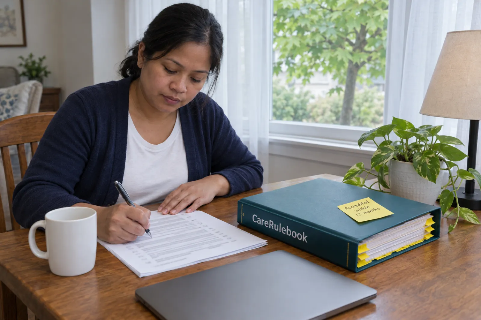 A woman in a navy cardigan fills in a printed checklist beside a teal CareRulebook binder at a dining table in a New Jersey rowhouse, with a sticky note reading Accredited within 12 months and a maple tree outside the bay window
