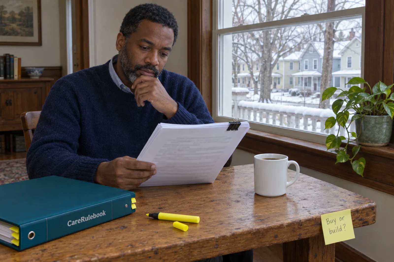 A man in a navy sweater reads a clipped stack of printed pages at a pine kitchen table, beside a closed teal CareRulebook binder with yellow tabs, a yellow highlighter, a white mug and a sticky note reading Buy or build?, with snowy porches and clapboard houses outside the window