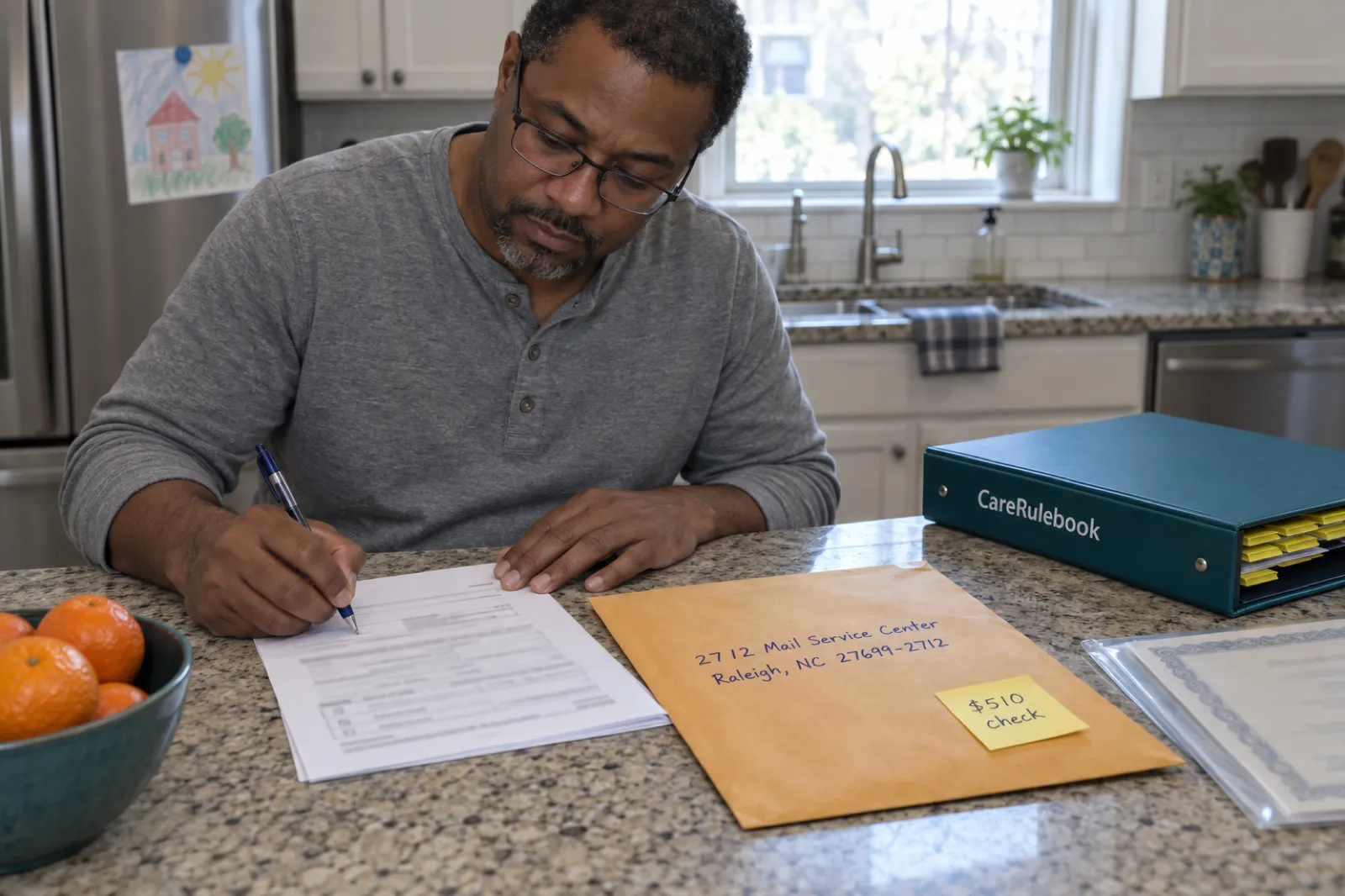 A home care founder in Durham signs a license application next to an envelope addressed to 2712 Mail Service Center, Raleigh, with a sticky note reading $510 check