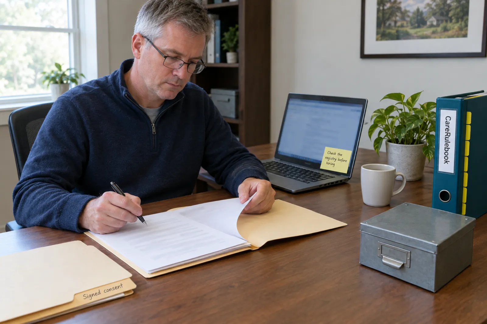 An agency director reviews a new caregiver’s personnel file beside a folder labelled Signed consent, a sticky note reading Check the registry before hiring, and a CareRulebook binder