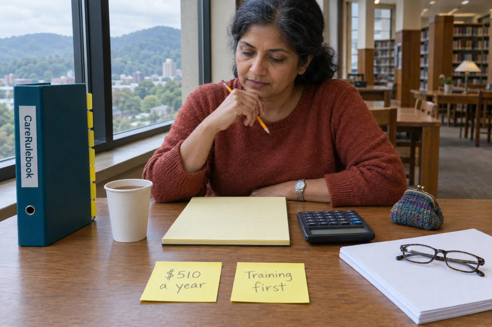 A home care founder planning her start-up budget at a library table in Asheville, with sticky notes reading $510 a year and Training first next to a CareRulebook binder