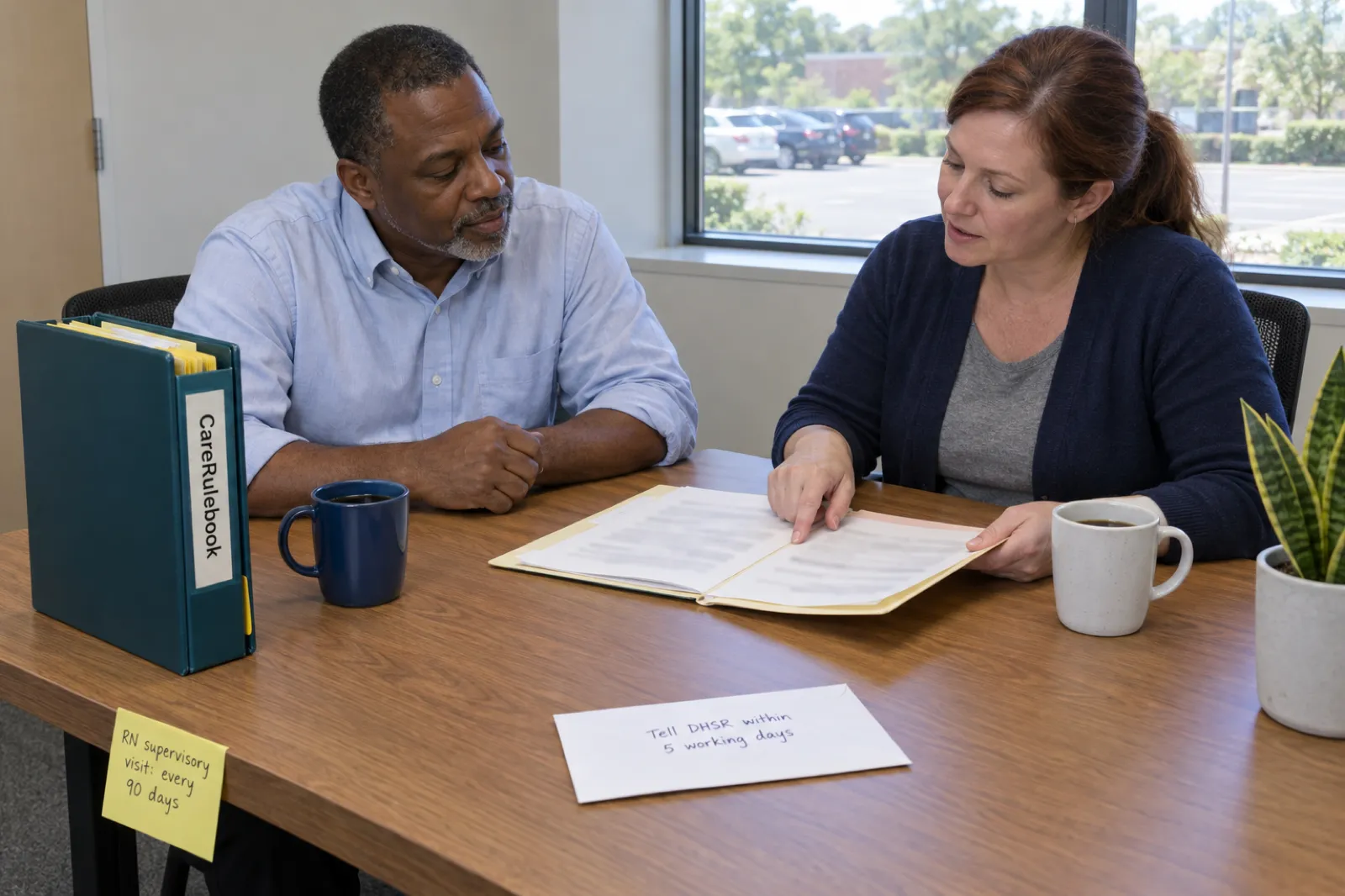An agency director and a registered nurse review a folder at an office table beside a CareRulebook binder, a sticky note reading RN supervisory visit: every 90 days, and an envelope reading Tell DHSR within 5 working days