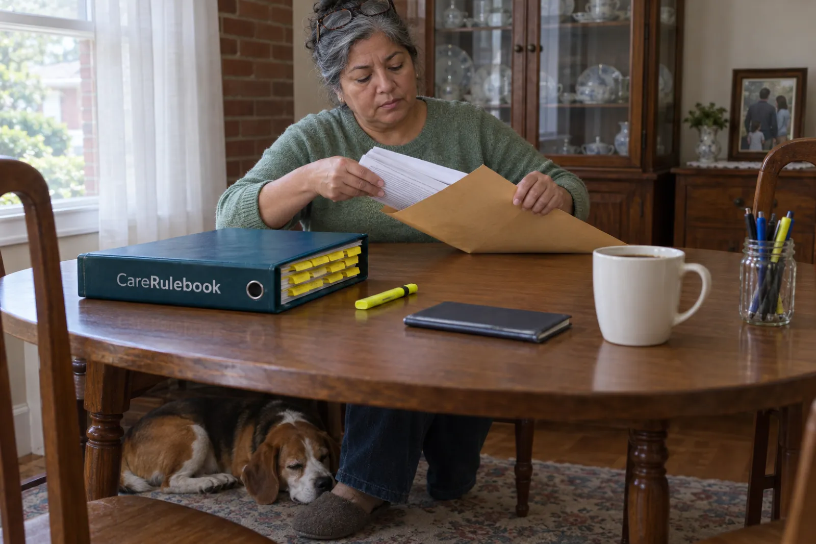 A home care founder at her dining table in Charlotte slides printed pages into a mailing envelope, with a CareRulebook binder beside her and a beagle asleep under the table