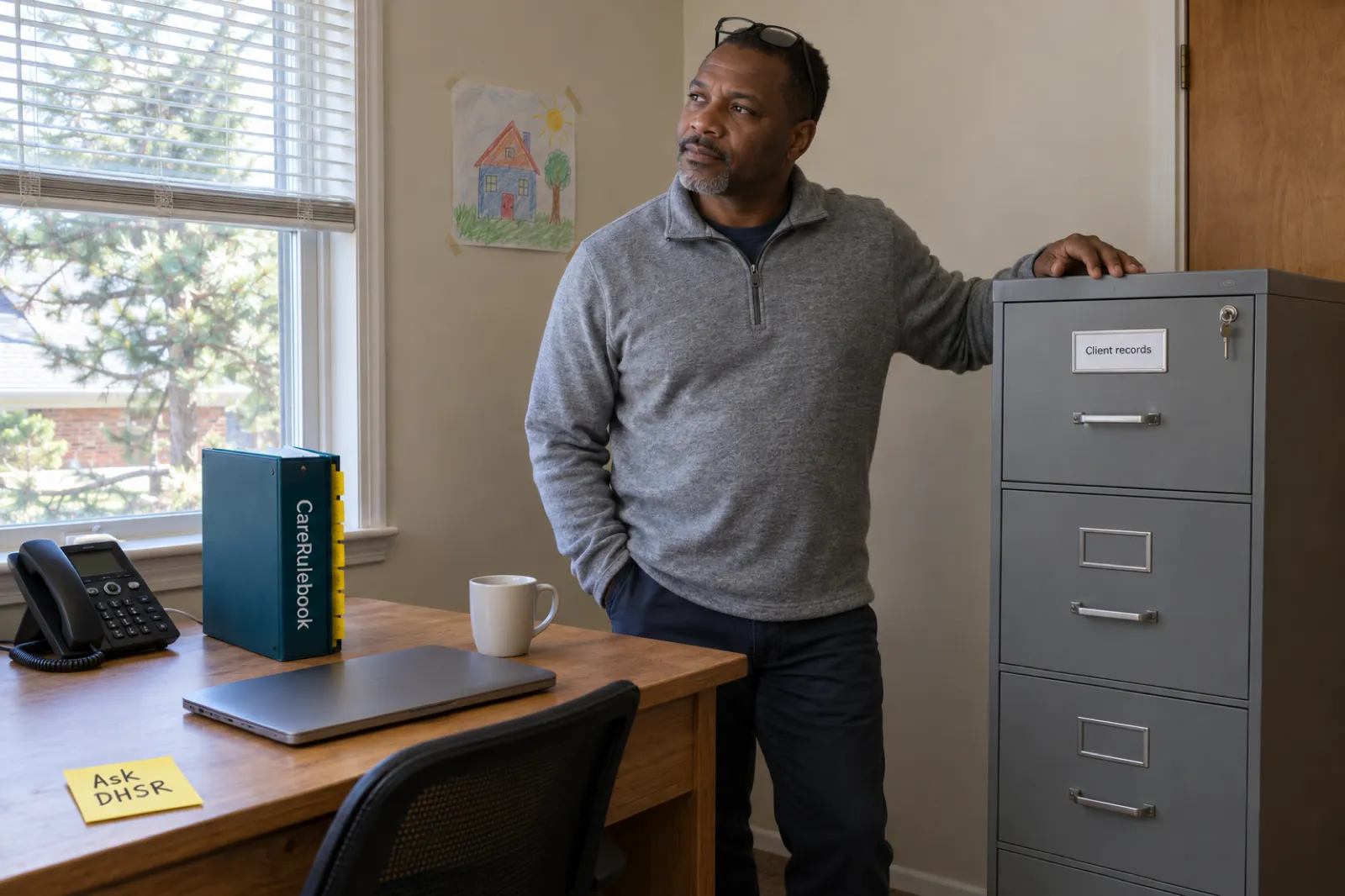 A home care founder in a spare-room office in Greensboro with a locked filing cabinet labeled Client records, a sticky note reading Ask DHSR and a CareRulebook binder