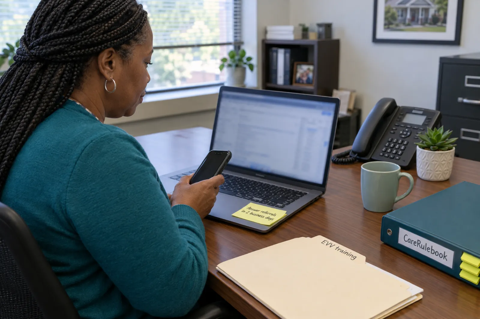 An agency office manager in Fayetteville checks referrals on a laptop with a sticky note reading Answer referrals in 2 business days, beside a folder labelled EVV training and a CareRulebook binder