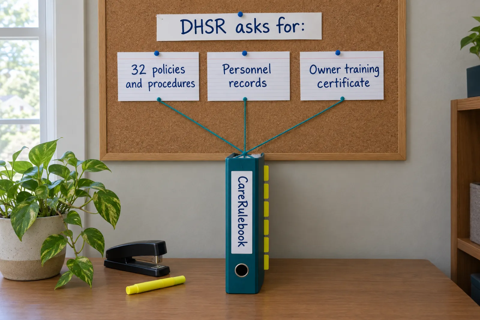A cork board with index cards reading DHSR asks for: 32 policies and procedures, personnel records, owner training certificate, strung to a CareRulebook binder