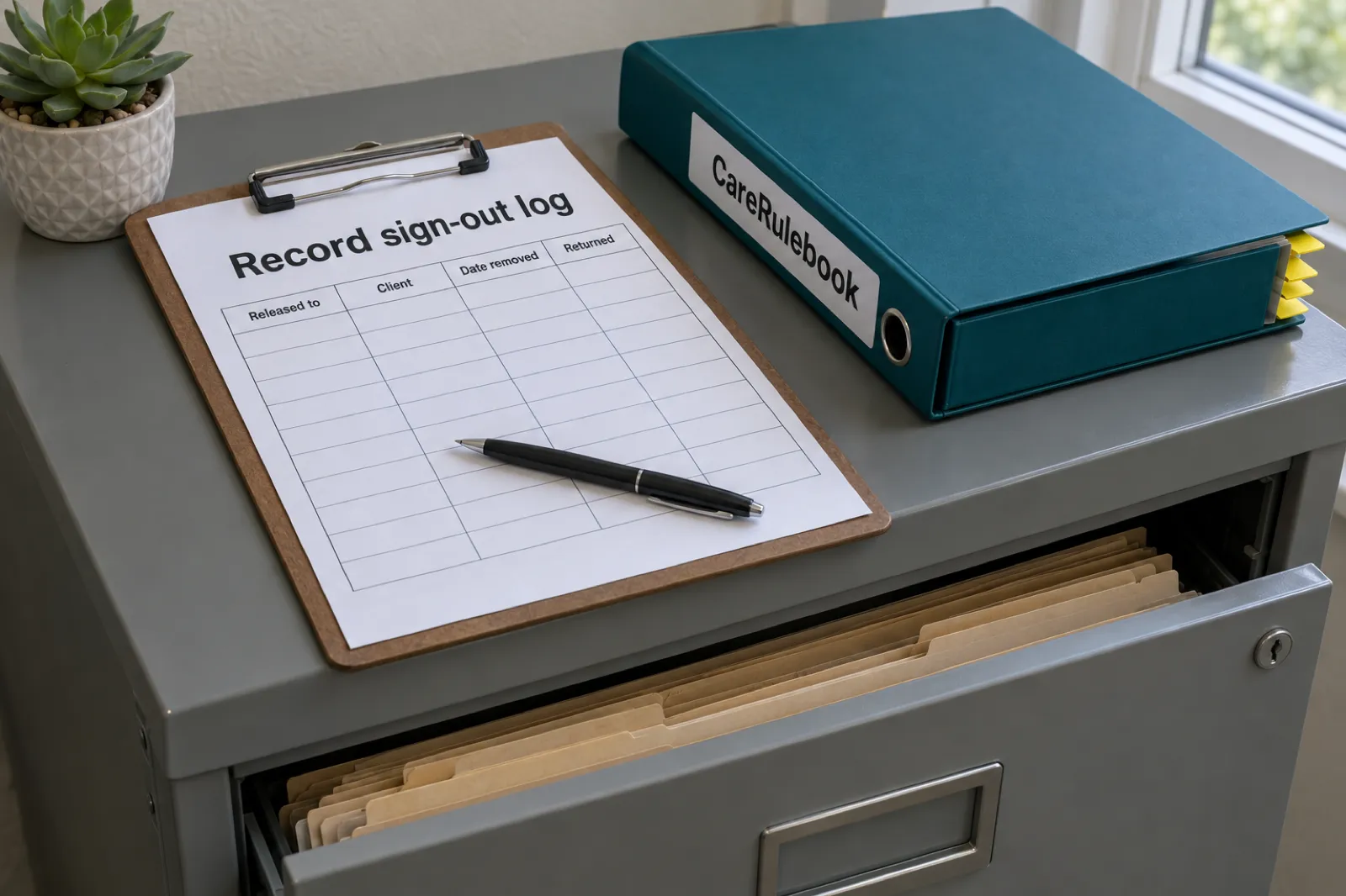 A clipboard on a gray filing cabinet holding a blank form titled Record sign-out log, with columns Released to, Client, Date removed and Returned, next to a CareRulebook binder