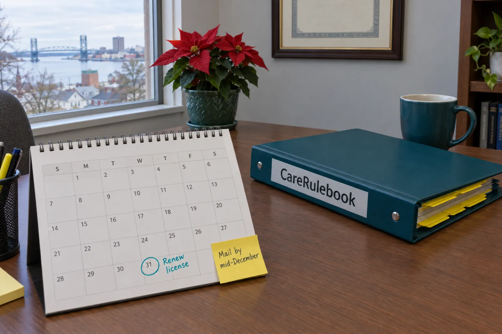 A December desk calendar with the 31st circled and Renew license written beside it, a sticky note reading Mail by mid-December, next to a CareRulebook binder