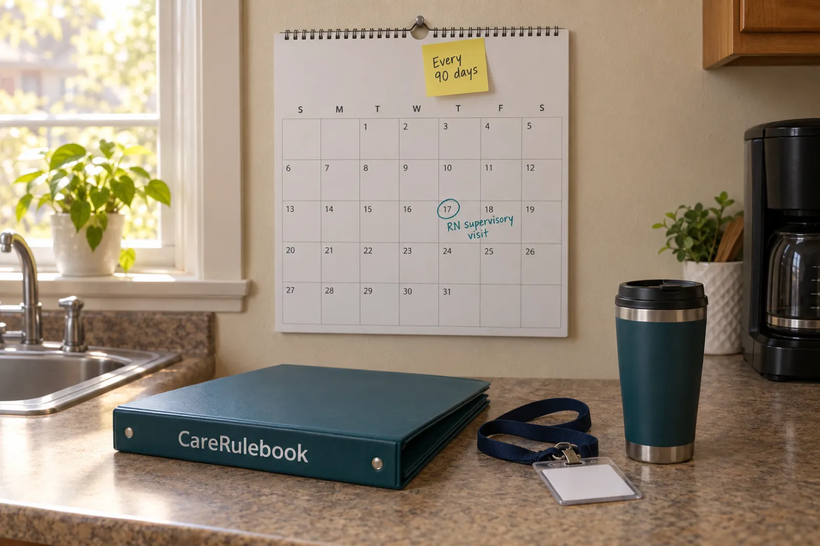 A kitchen wall calendar with one date circled and marked RN supervisory visit, a sticky note reading Every 90 days, and a CareRulebook binder on the counter