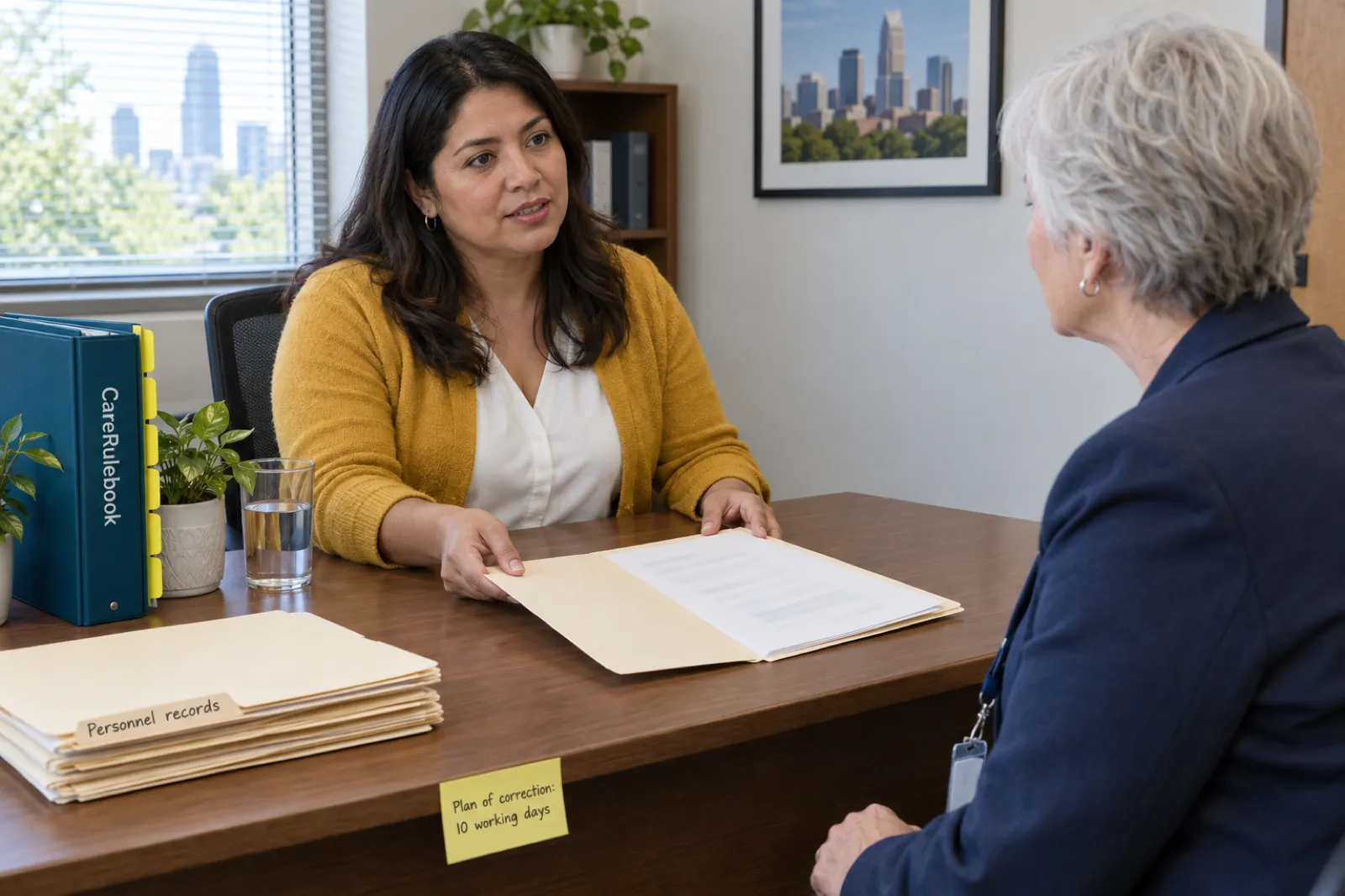 A home care agency director hands a personnel folder to a visiting state inspector across her desk, beside folders labelled Personnel records, a sticky note reading Plan of correction: 10 working days, and a CareRulebook binder