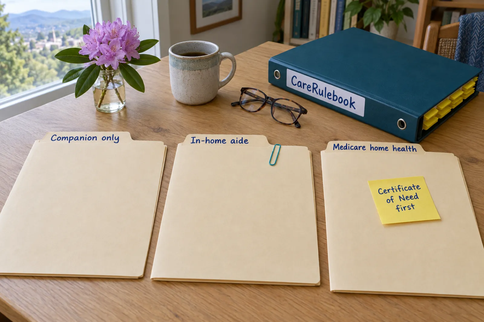 Three folders on a desk labelled Companion only, In-home aide and Medicare home health, the third with a sticky note reading Certificate of Need first