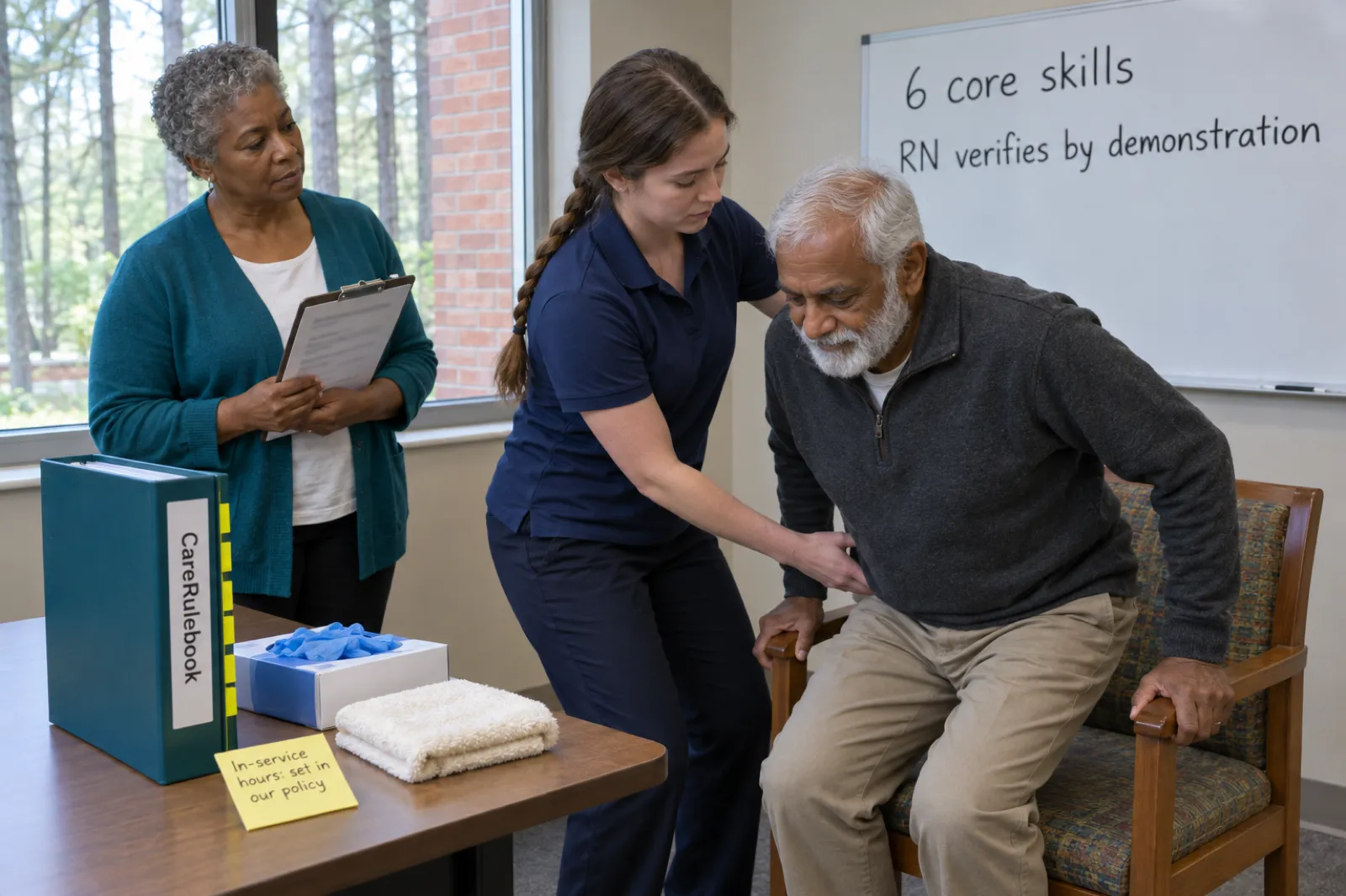 A registered nurse in a teal cardigan holds a clipboard and watches a new in-home aide help an older man rise from an armchair, under a whiteboard reading 6 core skills, RN verifies by demonstration, beside a CareRulebook binder and a sticky note reading In-service hours: set in our policy