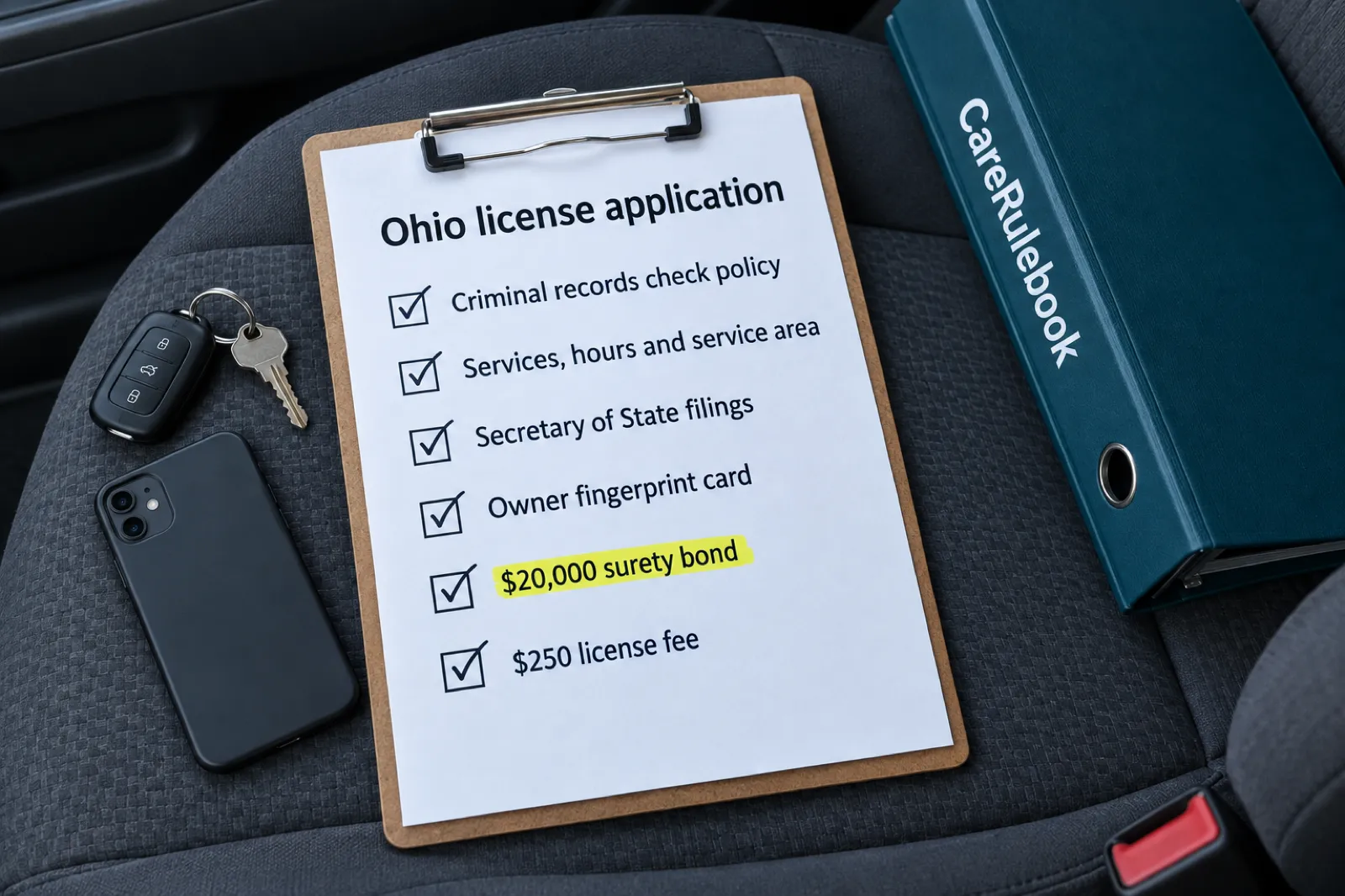 A clipboard on a car seat with an Ohio license application checklist: criminal records check policy, services, hours and service area, Secretary of State filings, owner fingerprint card, surety bond and fee