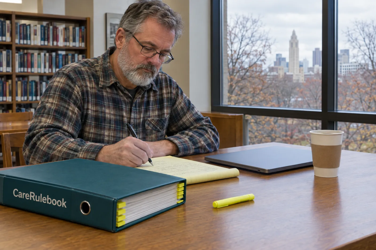 A founder plans a new Ohio home care agency in a Columbus library study room with a CareRulebook binder