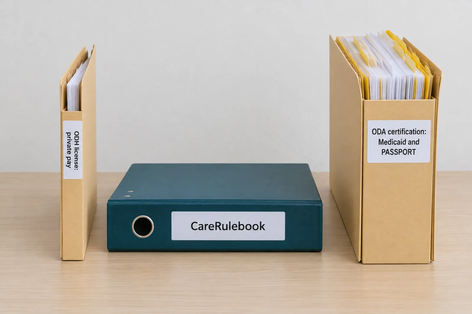 A thin folder labelled ODH license: private pay next to a thick folder labelled ODA certification: Medicaid and PASSPORT