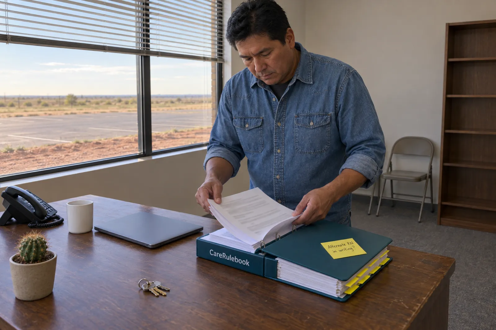 A man in a denim shirt sorts printed pages into a teal CareRulebook binder at a desk in a newly rented, nearly empty office, with a sticky note on the binder reading Alternate RN in writing? and a flat landscape outside the window