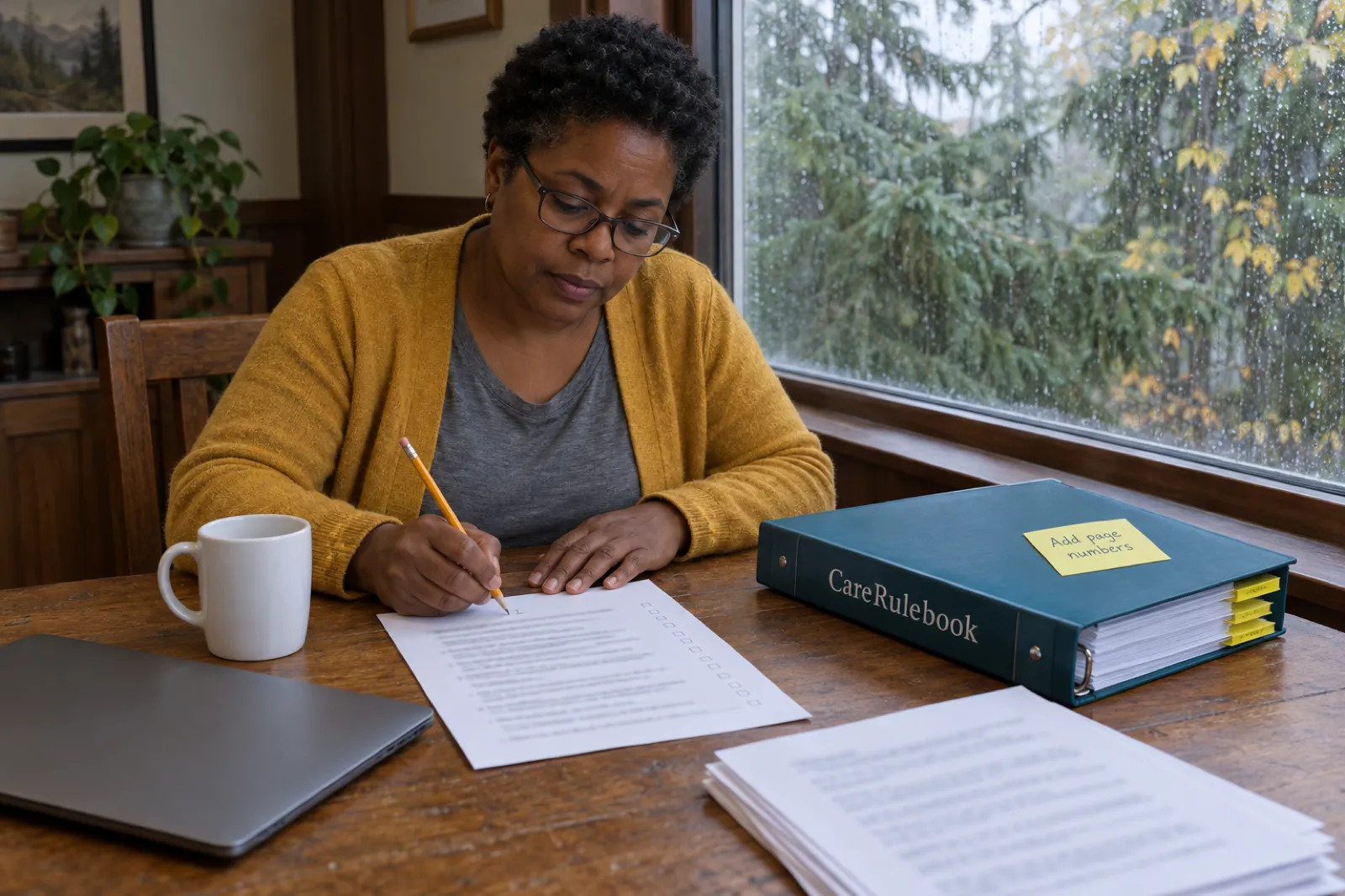 A woman in reading glasses and a mustard cardigan writes a page number on a printed checklist at an oak kitchen table, beside a teal CareRulebook binder with a sticky note reading Add page numbers, with rain on the window and fir trees outside