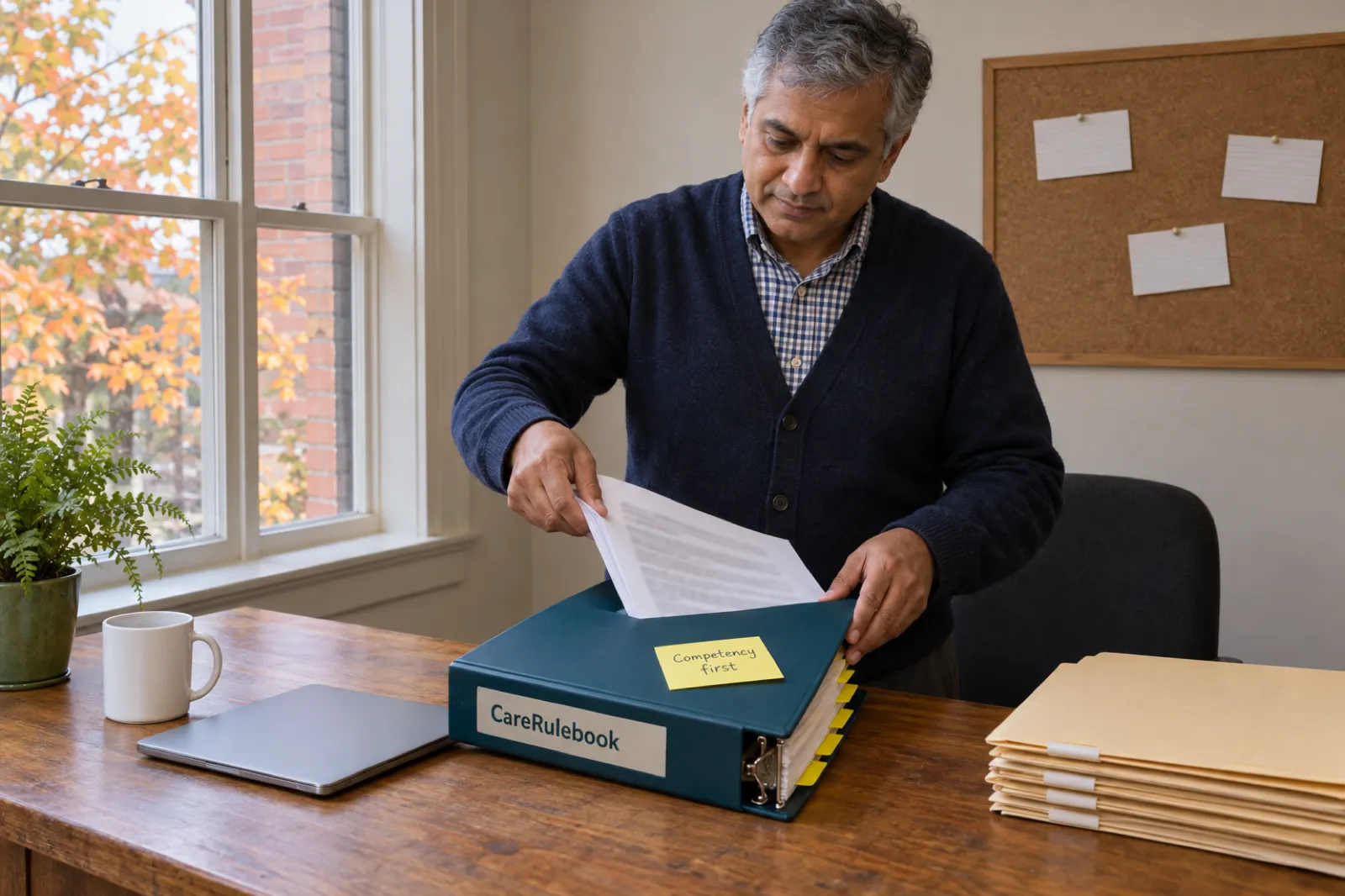 A man in a navy cardigan slides a printed page into a teal CareRulebook binder with a sticky note reading Competency first, at a wooden desk in a small brick-walled office with autumn leaves outside the window