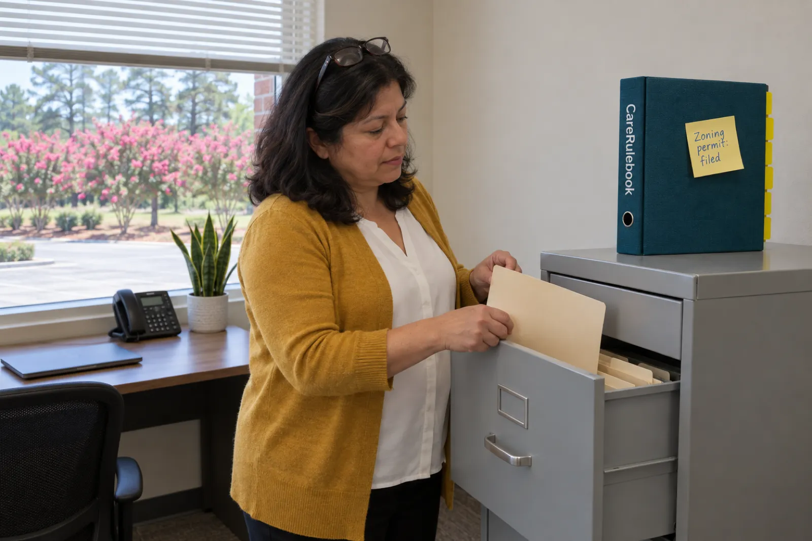 A woman in a mustard cardigan with glasses on her head files a folder into a grey filing cabinet in a small office, beside a teal CareRulebook binder with a sticky note reading Zoning permit: filed, with pink crape myrtles and pines outside the window