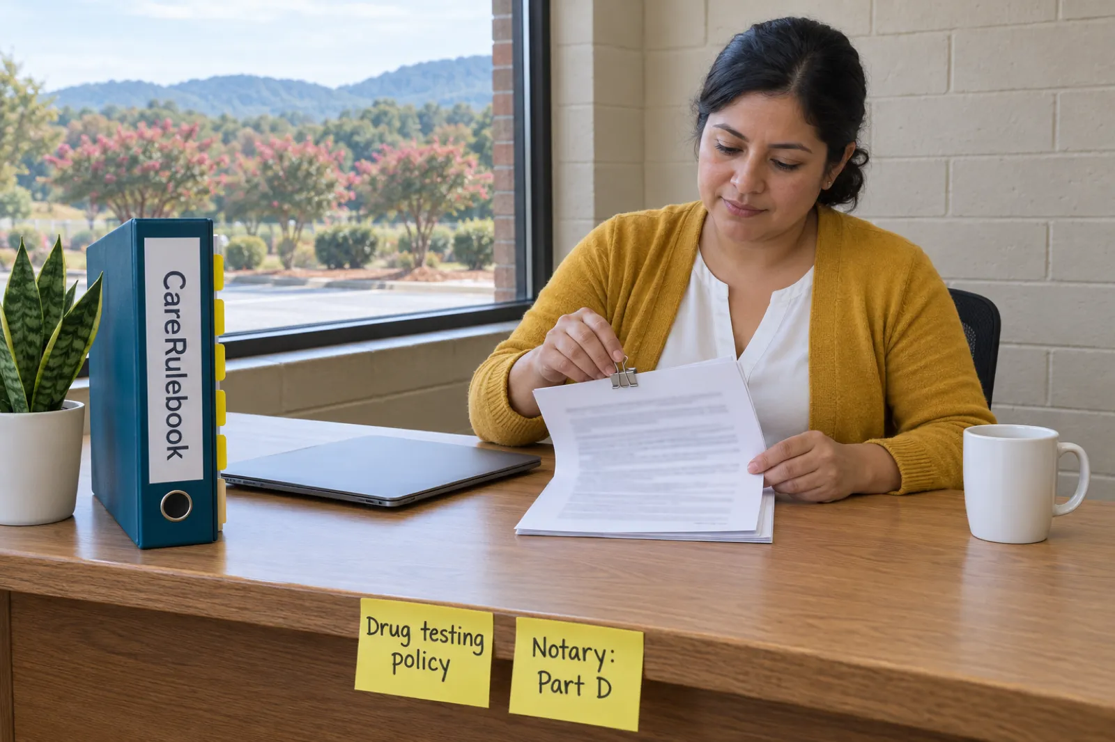 A woman in a mustard yellow cardigan clips printed pages together with a binder clip at an oak desk beside an upright teal CareRulebook binder with yellow tabs, a closed laptop, a white mug and a snake plant, with two sticky notes on the desk edge reading Drug testing policy and Notary: Part D, and crepe myrtle trees and wooded hills outside the window