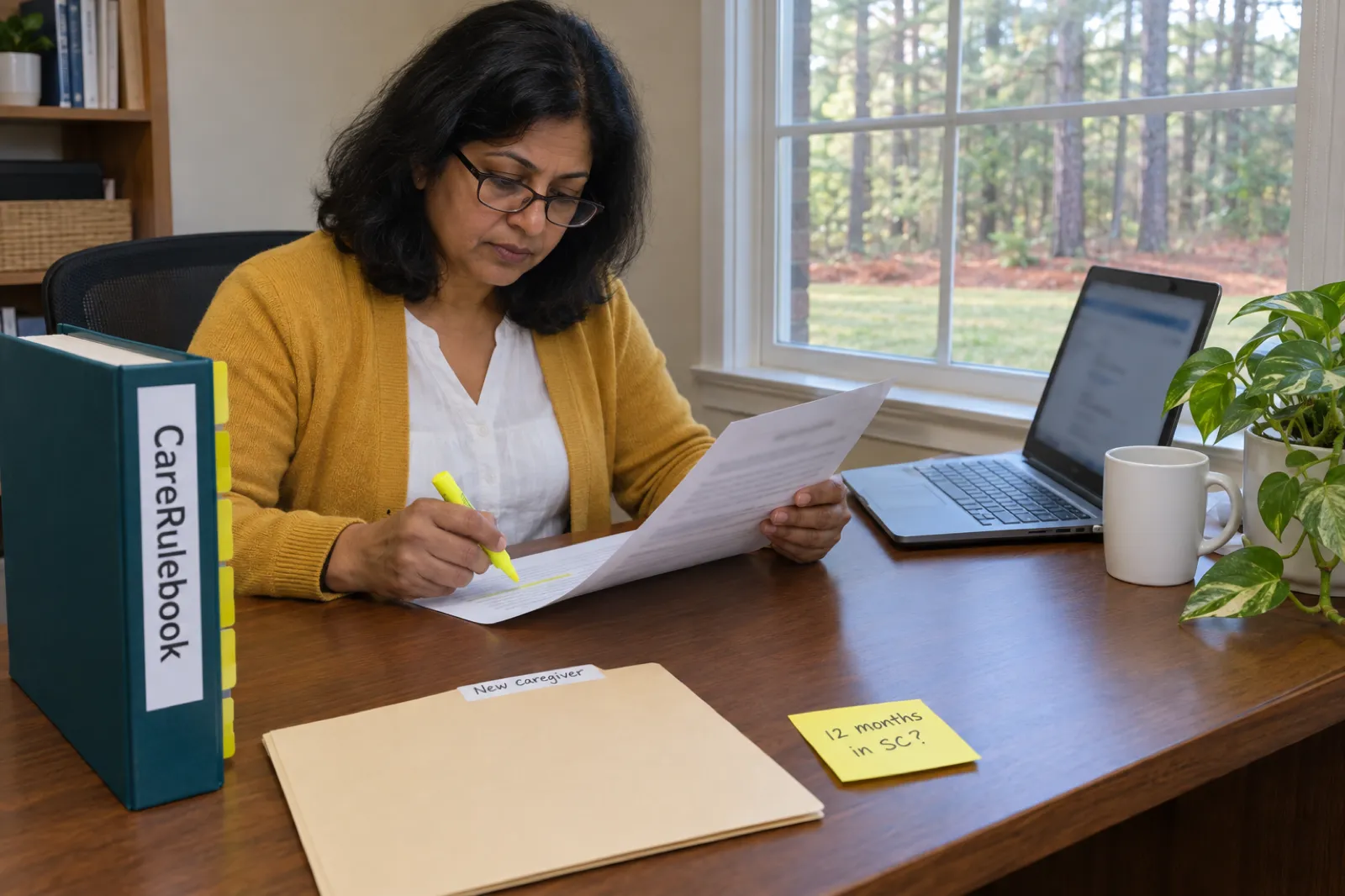 A woman with shoulder-length black hair and glasses, in a mustard cardigan, highlights a line on a printed page at a wooden desk, beside a CareRulebook binder, a manila folder labelled New caregiver, a sticky note reading 12 months in SC? and a laptop, with pine trees outside the window