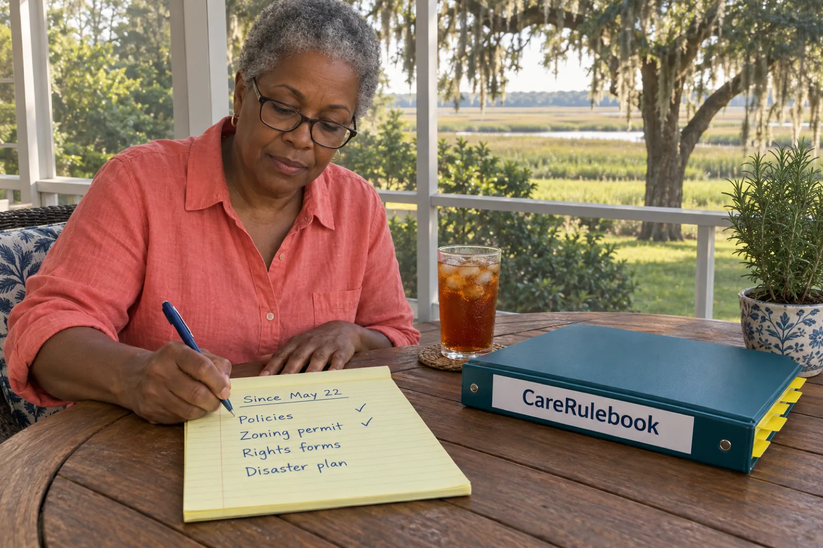 A woman in a coral linen shirt writes on a yellow legal pad headed Since May 22, listing Policies, Zoning permit, Rights forms and Disaster plan with the first two ticked, beside a teal CareRulebook binder, a glass of iced tea and a rosemary plant on a screened porch looking out at a moss-draped live oak and marsh