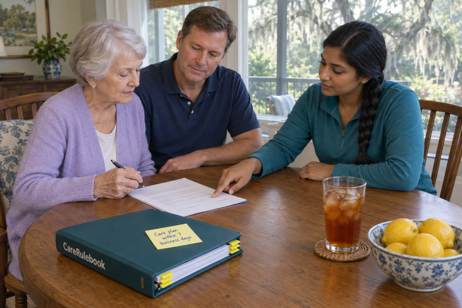 An older woman in a lavender cardigan signs a document at a dining table with her adult son beside her, while a woman in a teal top points to the page, next to a teal CareRulebook binder with a sticky note reading Care plan within 7 business days and a glass of iced tea
