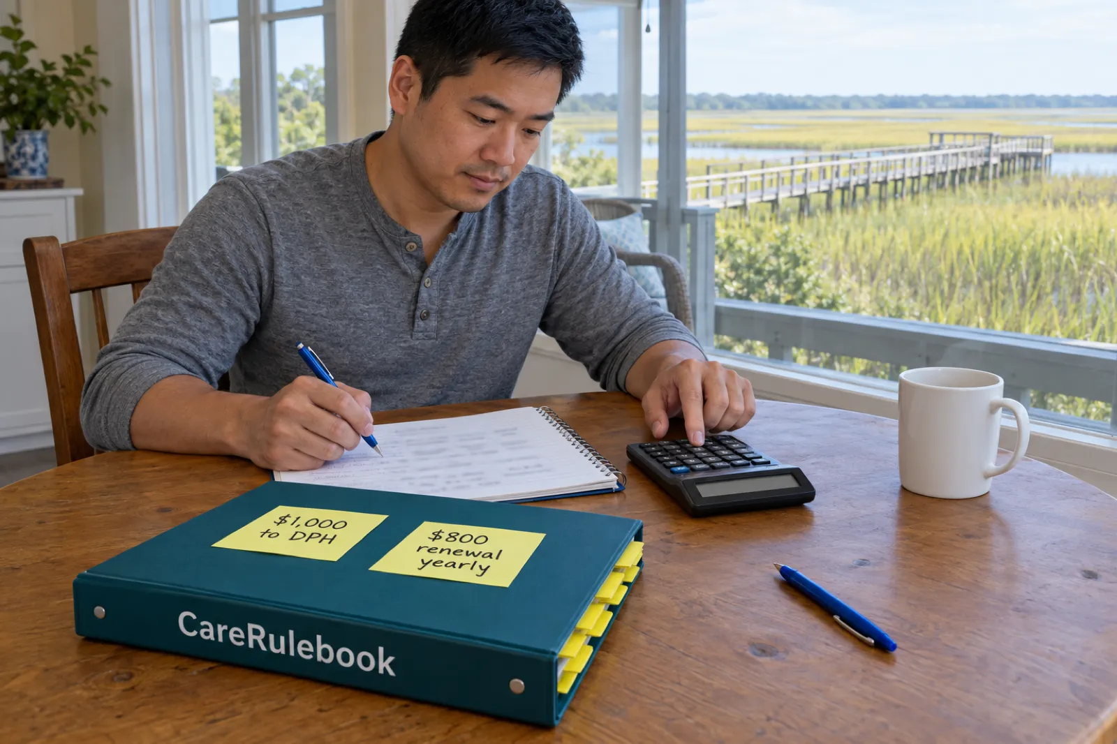 A man with short black hair, in a gray henley shirt, writes in a spiral notebook and taps a calculator at a round wooden kitchen table beside a teal CareRulebook binder with sticky notes reading $1,000 to DPH and $800 renewal yearly, a white mug and a blue pen, with a screened porch, marsh grass and a long wooden dock outside the window