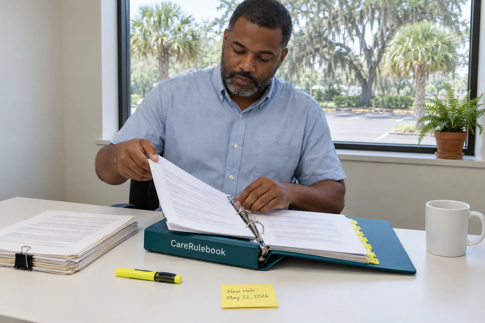 A man in a light blue shirt sits at a white desk clicking printed pages into an open teal CareRulebook binder with yellow tabs, beside a clipped stack of older pages, a yellow highlighter and a sticky note reading New rule: May 22, 2026, with palmetto trees and a moss-draped oak outside the window