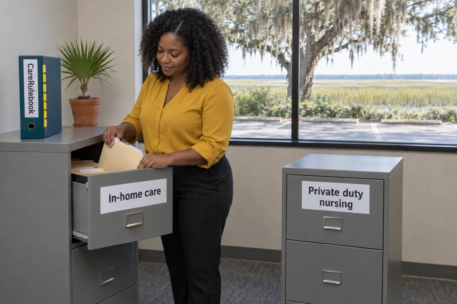 A woman filing a folder into a gray cabinet labelled In-home care, with a second cabinet labelled Private duty nursing standing apart from it and a CareRulebook binder on top of the first, and a live oak with Spanish moss and marsh grass outside the window