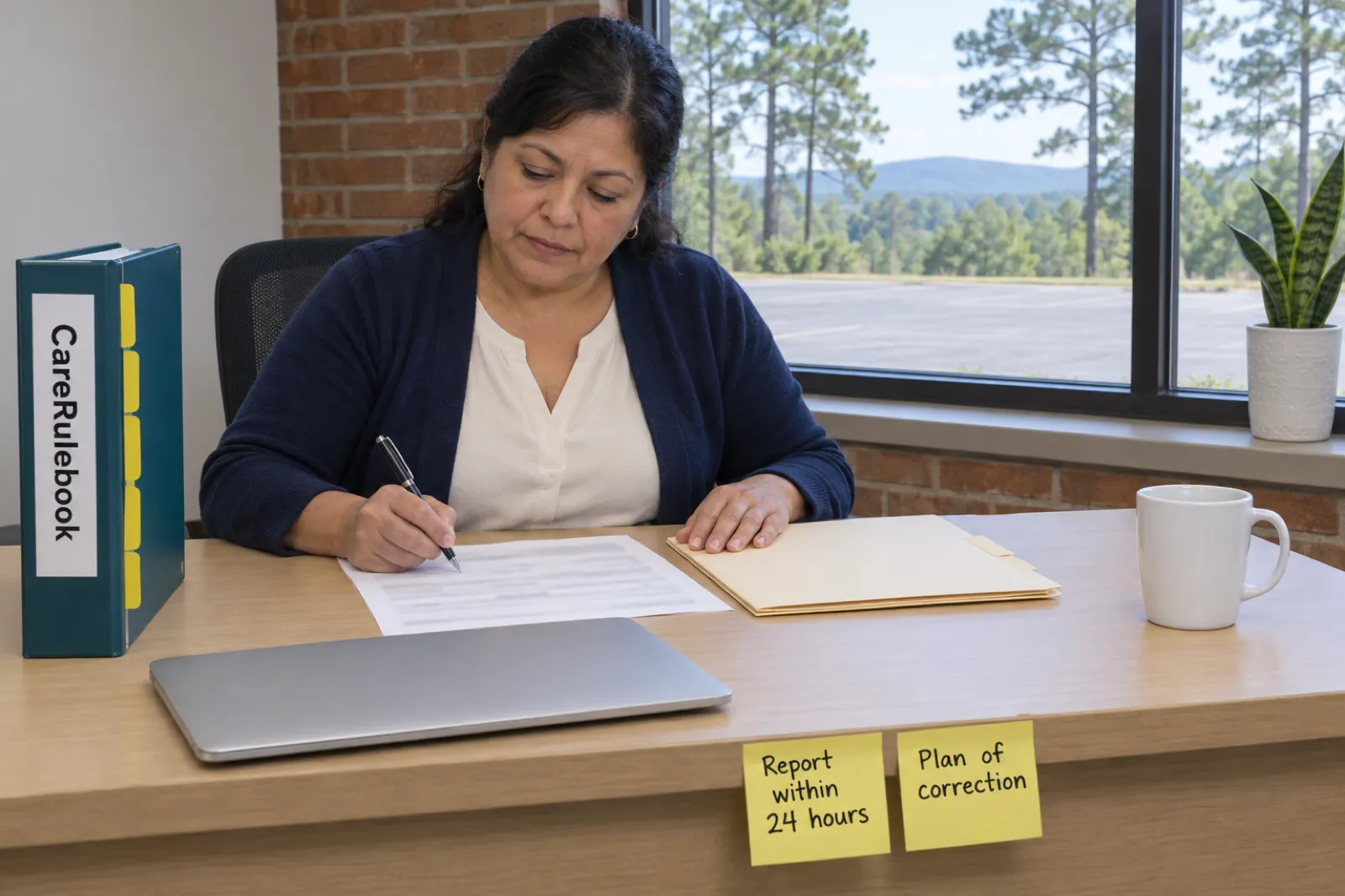 An administrator writing on a form at a wooden desk beside a CareRulebook binder and a closed laptop, with two sticky notes reading Report within 24 hours and Plan of correction, and pine trees outside the window
