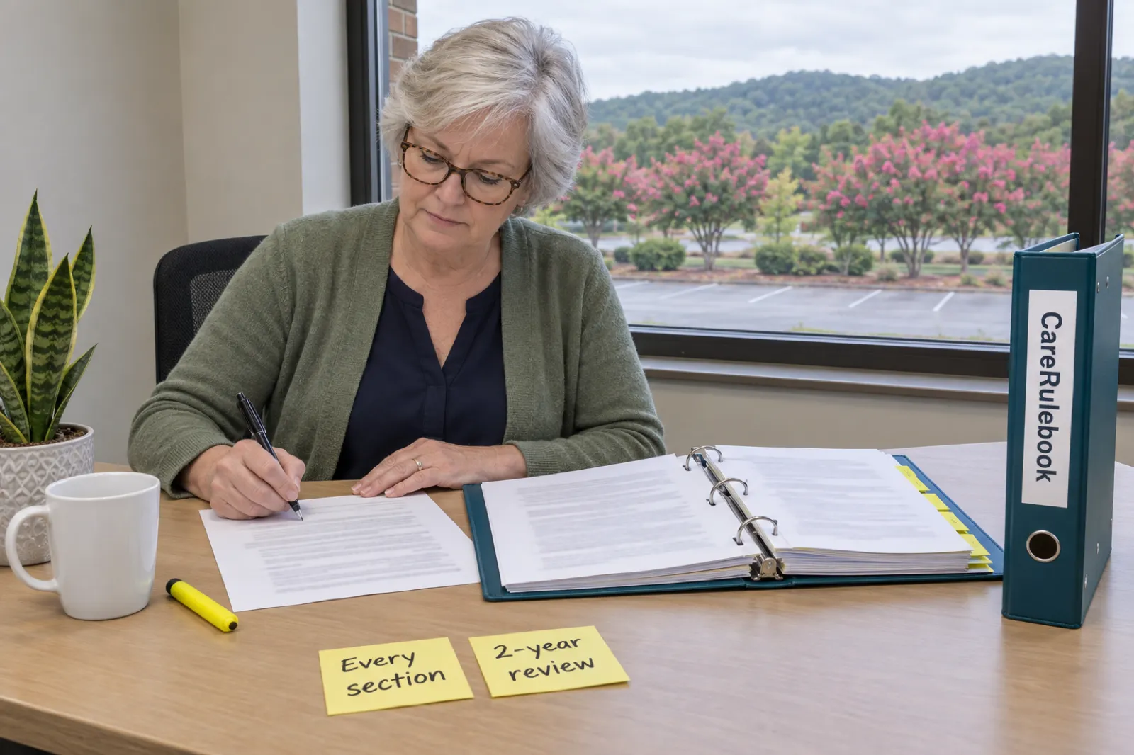 A woman with short silver hair and tortoiseshell glasses, in a sage green cardigan, signs a printed page at a light wood desk beside an open teal binder with yellow tabs and an upright teal binder whose spine reads CareRulebook, with sticky notes reading Every section and 2-year review, a white mug, a yellow highlighter and a snake plant, and pink crepe myrtles, a parking lot and wooded hills outside the window