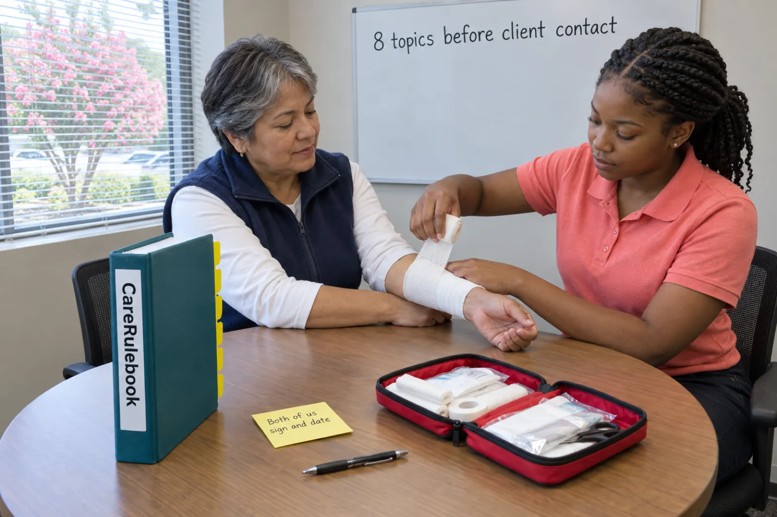 A young woman in a coral polo shirt wraps a white bandage around the forearm of an older woman in a navy vest at a round table, under a whiteboard reading 8 topics before client contact, beside a CareRulebook binder, an open first aid kit and a sticky note reading Both of us sign and date