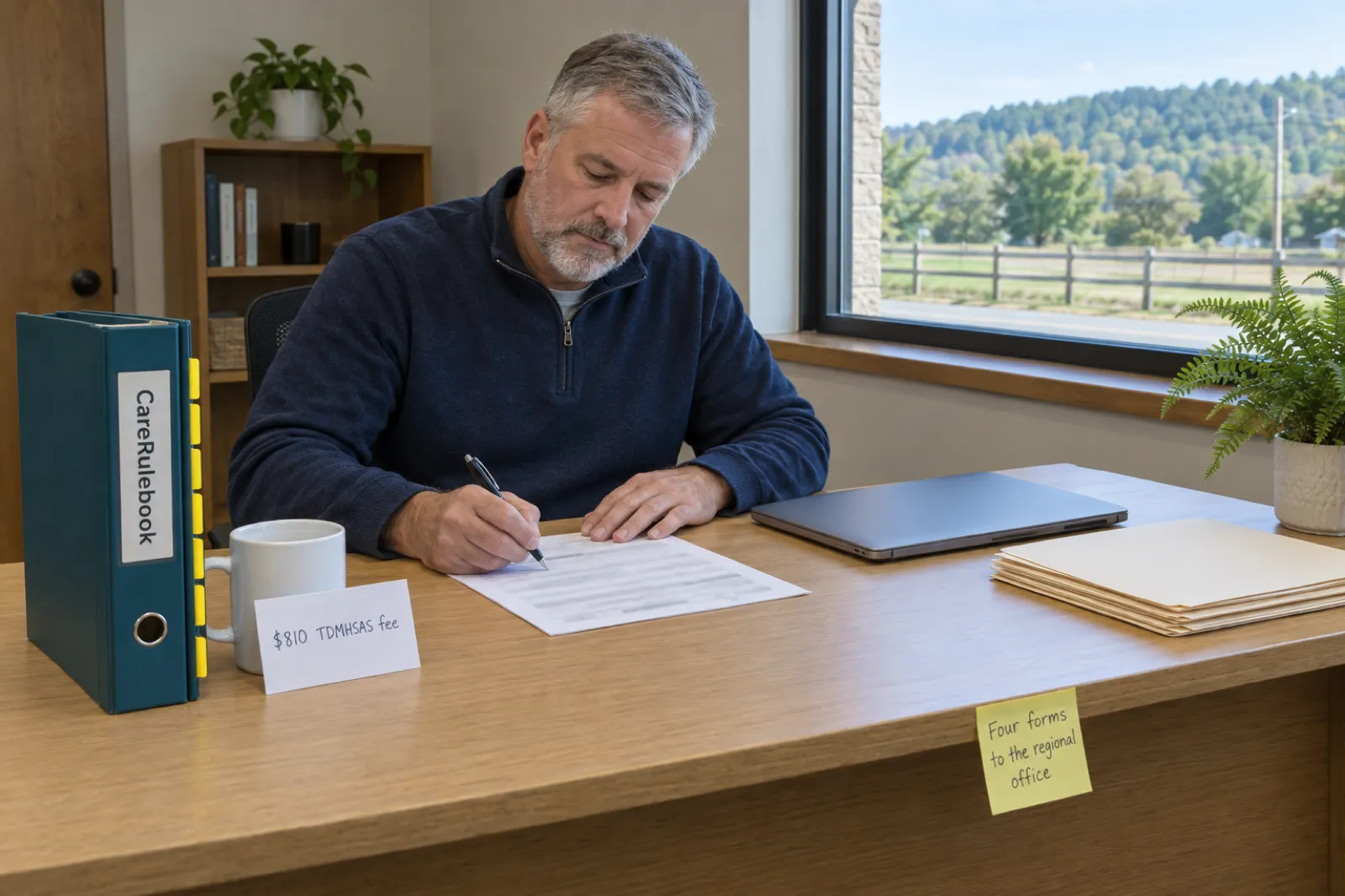 A man in a navy quarter-zip sweater fills in a printed form at a desk beside a CareRulebook binder, an index card reading $810 TDMHSAS fee and a sticky note reading Four forms to the regional office, with a wooden fence and wooded hills outside the window