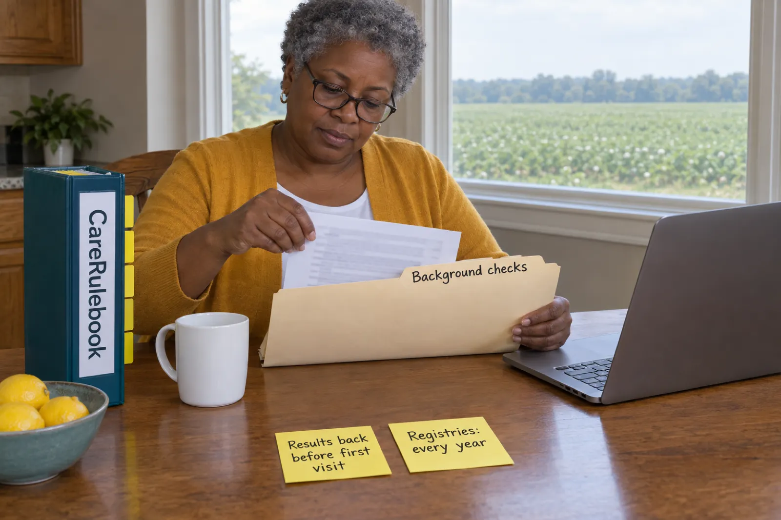 A woman with short grey hair and glasses, in a mustard cardigan, slides a printed page into a manila folder labelled Background checks at a kitchen table, beside a CareRulebook binder, a laptop and two sticky notes reading Results back before first visit and Registries: every year, with a green field outside the window
