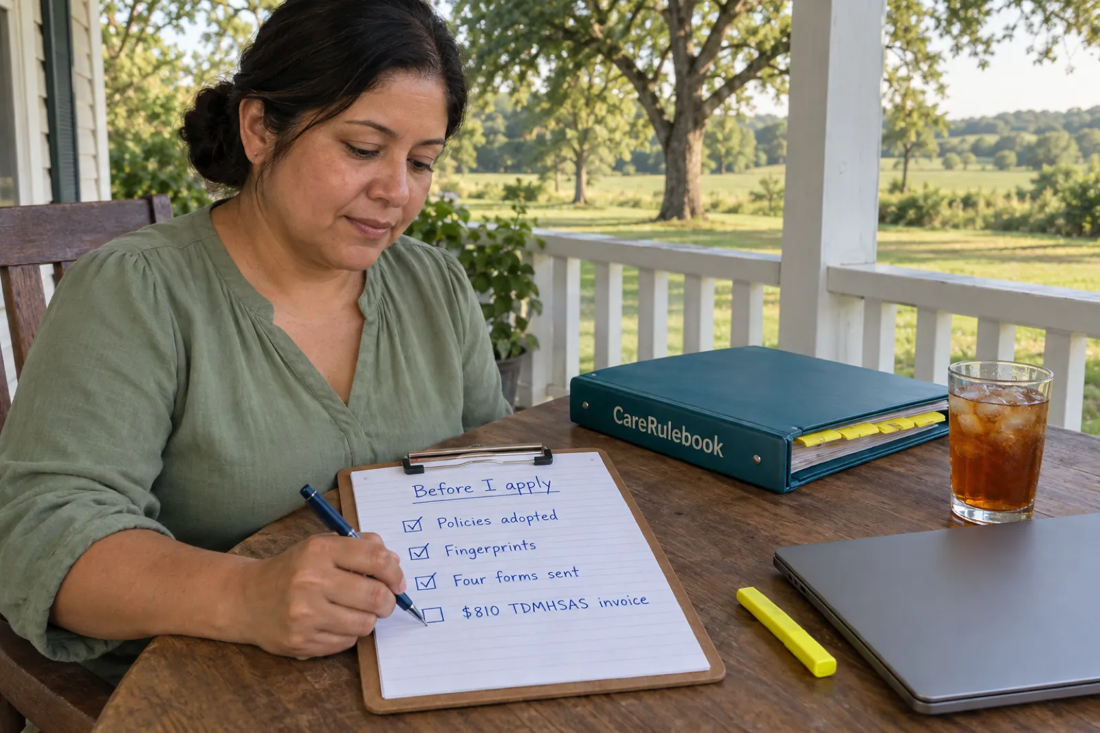 A woman in a sage green blouse holds a pen over a handwritten list headed Before I apply, reading Policies adopted, Fingerprints, Four forms sent and $810 TDMHSAS invoice, with the first three ticked, beside a CareRulebook binder and a glass of iced tea on a porch table, with oak trees and green fields beyond the railing