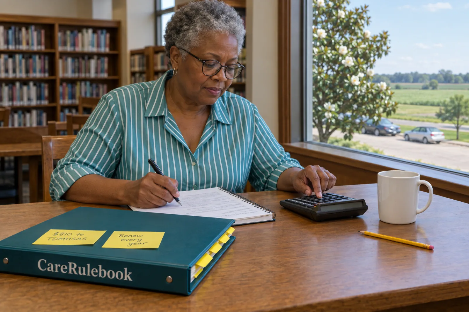 A woman with short grey hair and round glasses, in a teal striped blouse, taps a calculator and writes in a spiral notebook at a library table beside a CareRulebook binder with sticky notes reading $810 to TDMHSAS and Renew every year, a white mug and a pencil, with a magnolia tree, parked cars and farmland outside the window