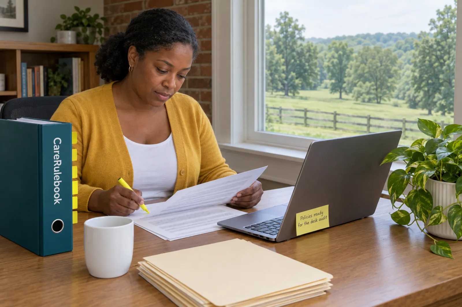 A woman in a mustard cardigan highlights a printed page at a desk beside a CareRulebook binder and a laptop with a sticky note reading Policies ready for the desk audit, with green fields, trees and a wooden fence outside the window