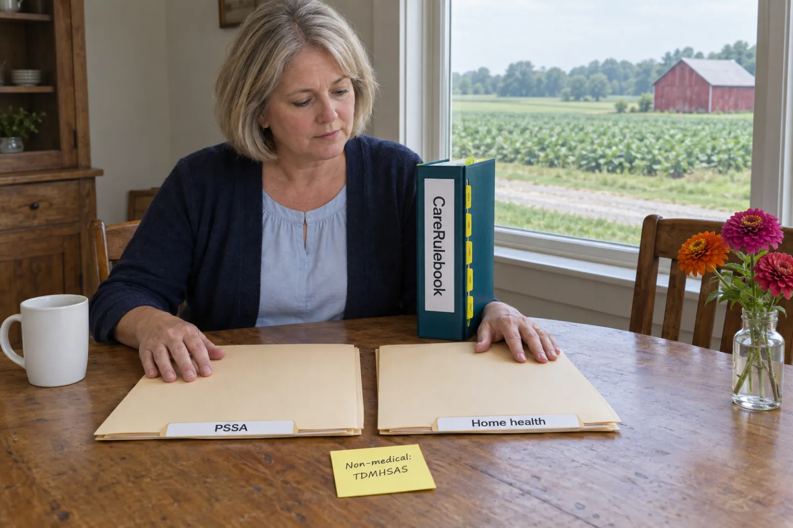 A woman in a navy cardigan at a farmhouse kitchen table rests a hand on each of two manila folders labelled PSSA and Home health, beside a CareRulebook binder and a sticky note reading Non-medical: TDMHSAS, with green fields and a red barn outside the window