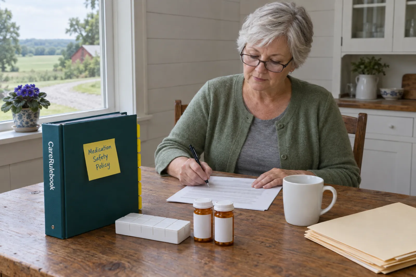 A silver-haired woman in a sage cardigan writes on a printed page at a farmhouse kitchen table beside a CareRulebook binder with a sticky note reading Medication Safety Policy, a closed weekly pill box and two amber bottles with blank labels, with a red barn and fields outside the window