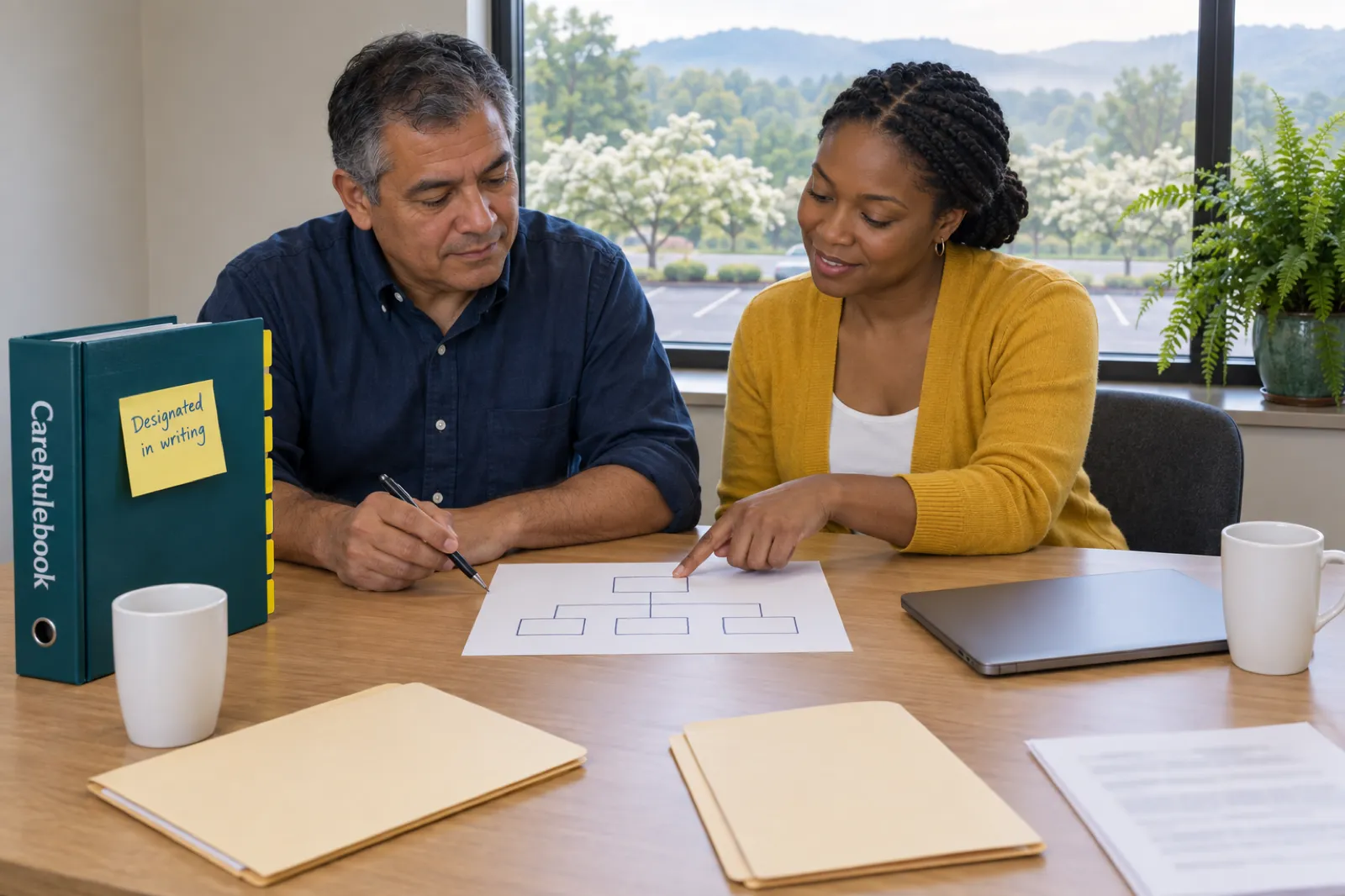 A grey-haired man in a navy shirt holds a pen over a hand-drawn chart of empty boxes while a woman with braids in a mustard cardigan points to the top box, at an office table beside a CareRulebook binder with a sticky note reading Designated in writing, with flowering trees and wooded hills outside the window